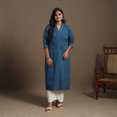 Blue Straight Cotton Jacquard Kurta