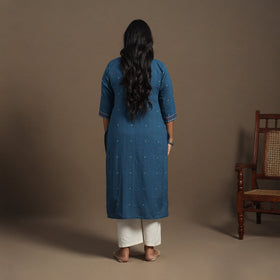Blue Straight Cotton Jacquard Kurta