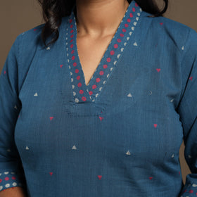 Blue Straight Cotton Jacquard Kurta