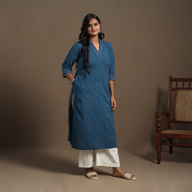 Blue Straight Cotton Jacquard Kurta