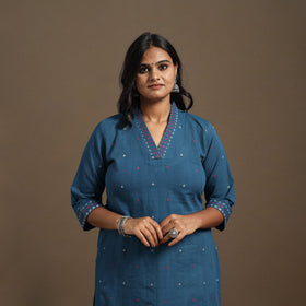 Blue Straight Cotton Jacquard Kurta