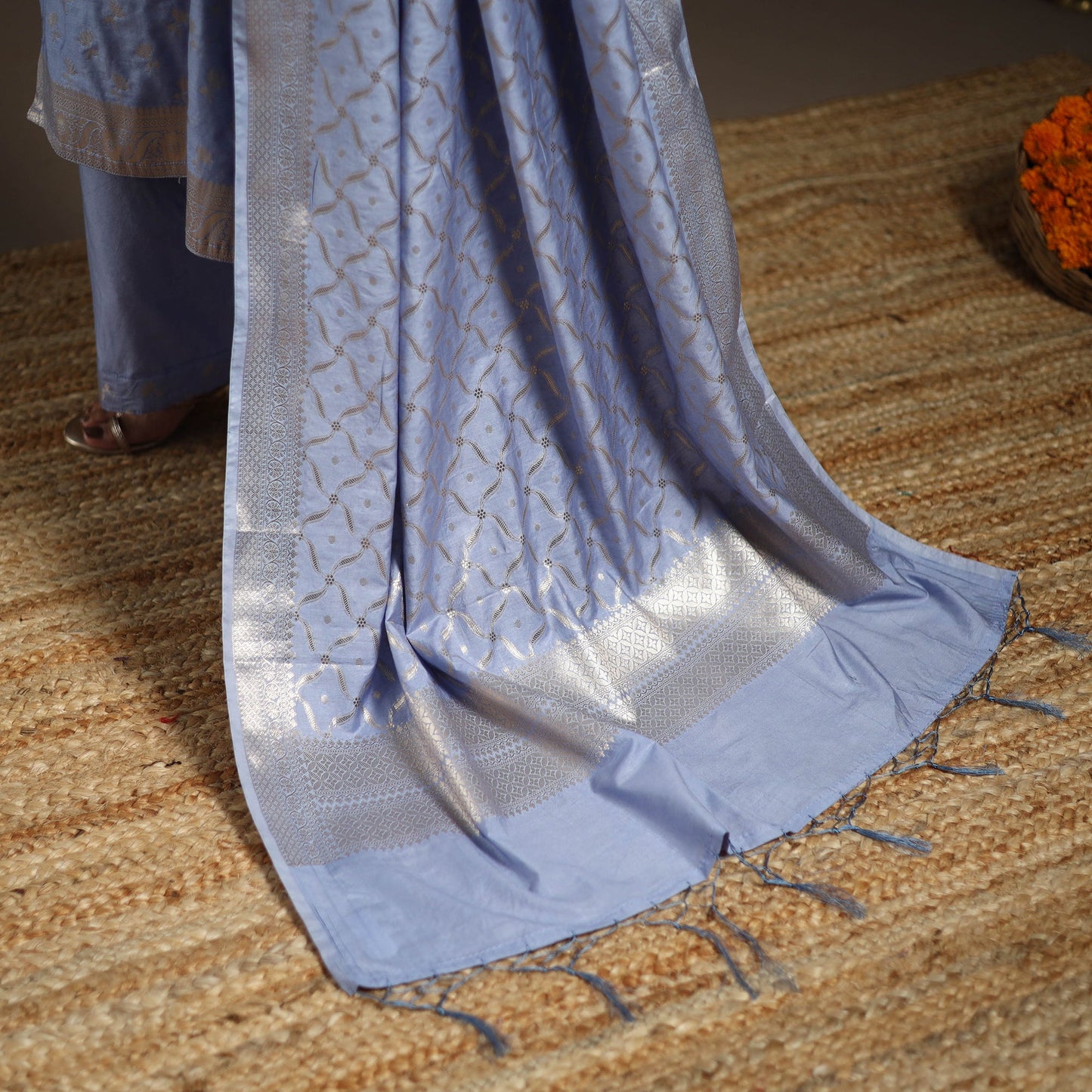 Blue - tanchoi silk cotton banarasi kurta set for women