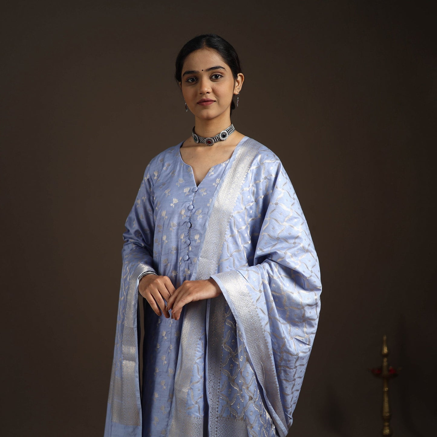 Blue - tanchoi silk cotton banarasi kurta set for women