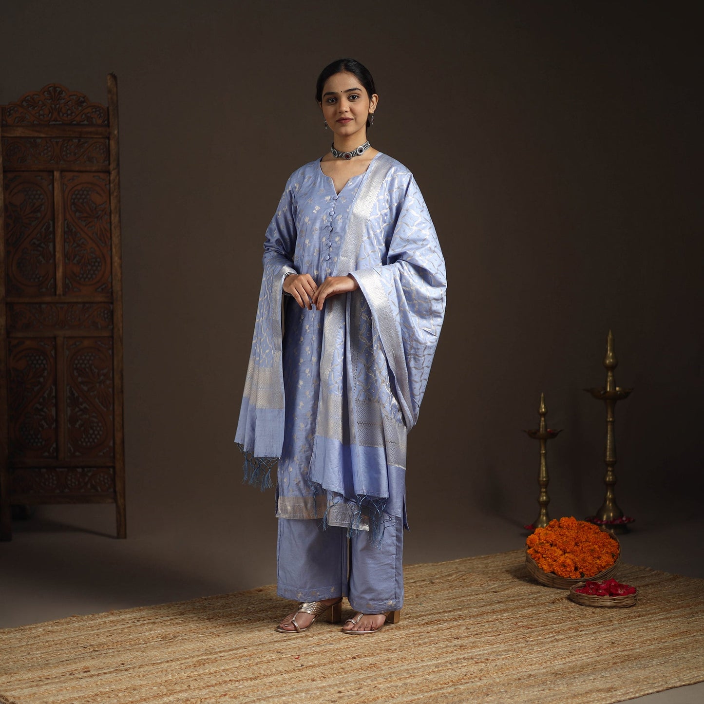 Blue - tanchoi silk cotton banarasi kurta set for women