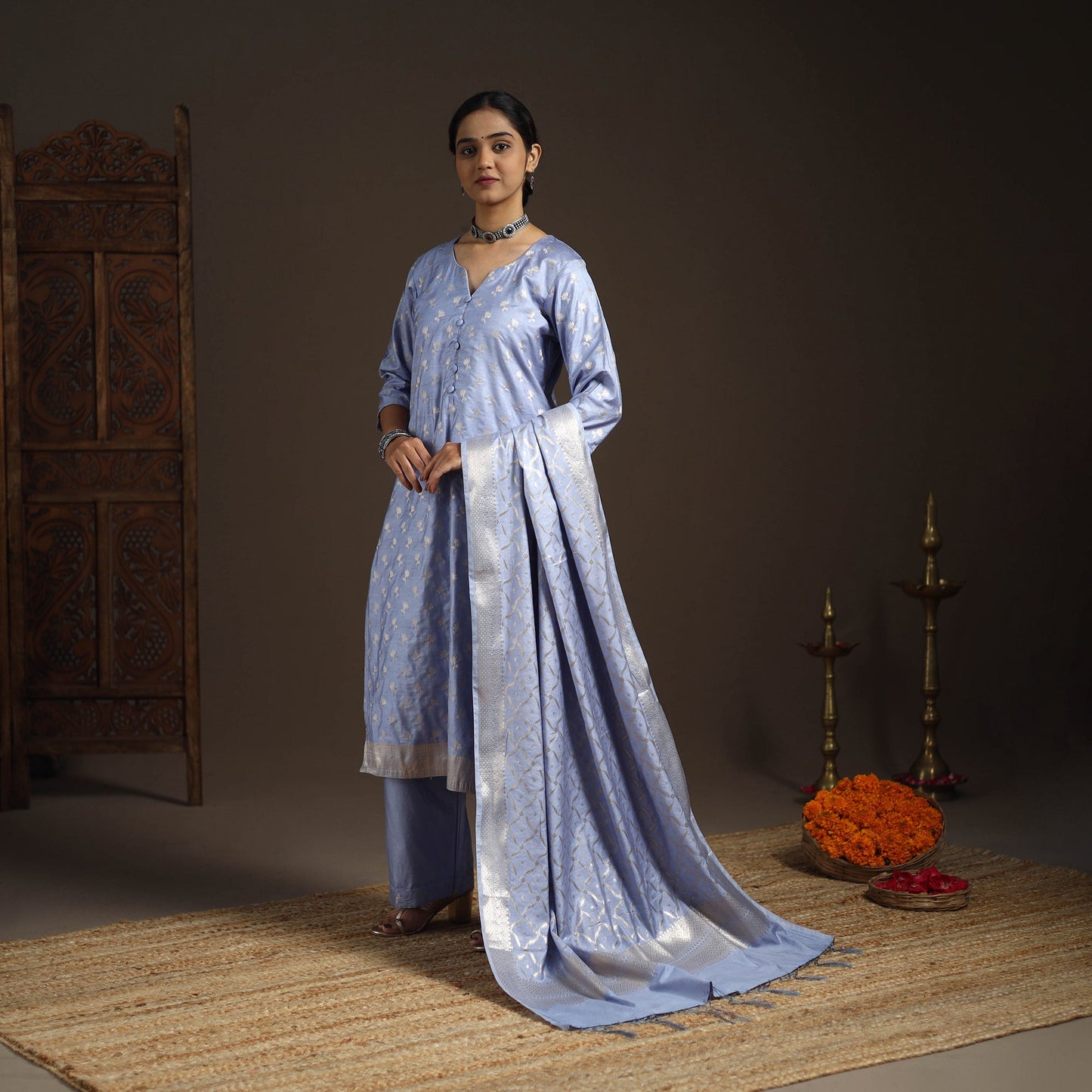 Blue - tanchoi silk cotton banarasi kurta set for women