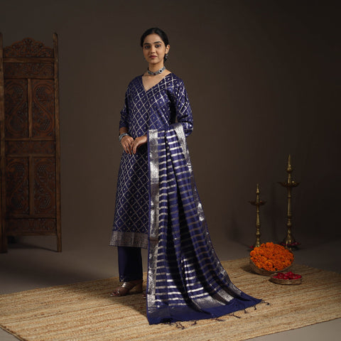 Blue - tanchoi silk cotton banarasi kurta set for women