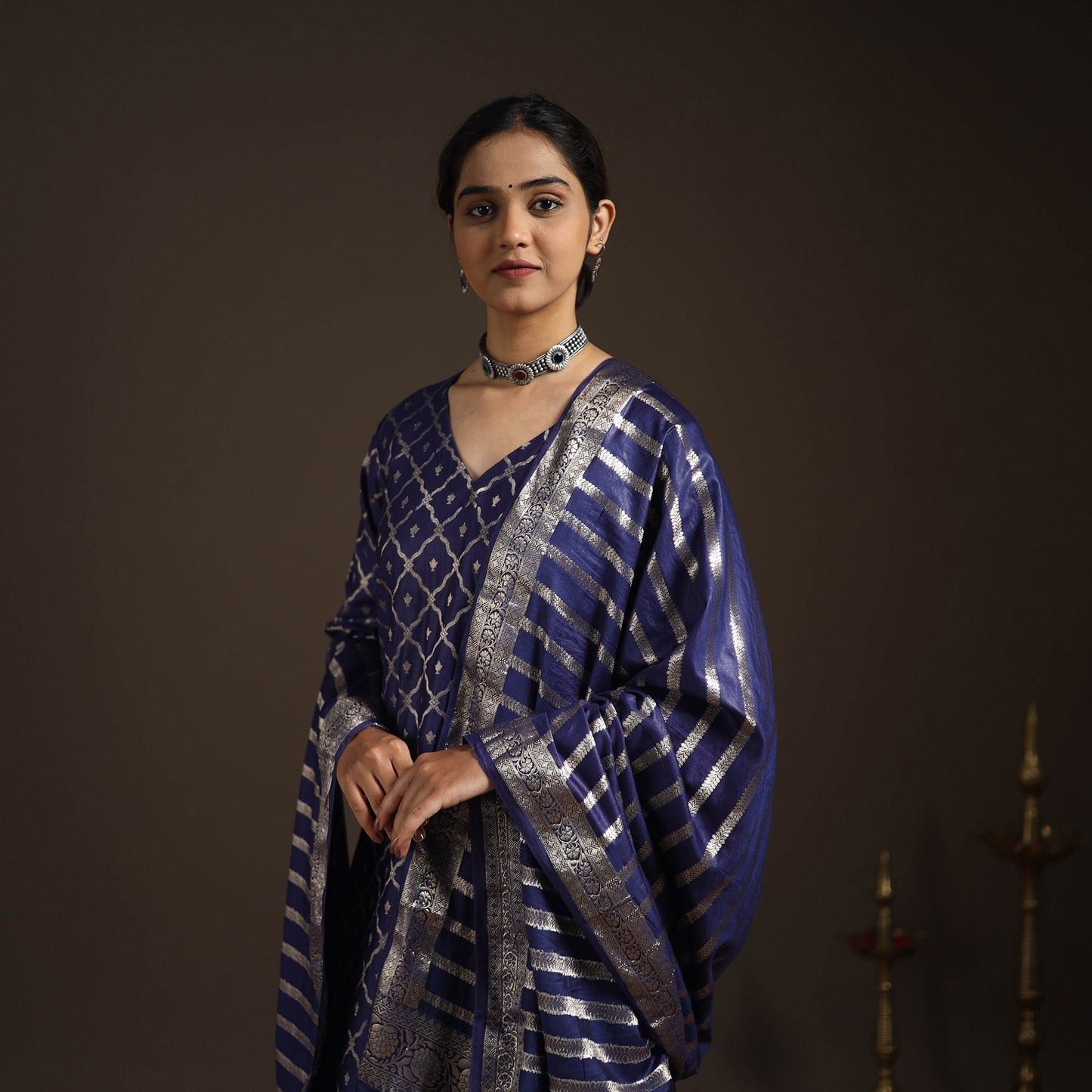 Blue - tanchoi silk cotton banarasi kurta set for women