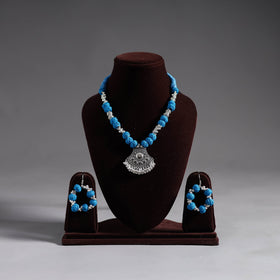 Blue - thread beads handmade german silver necklace set 04