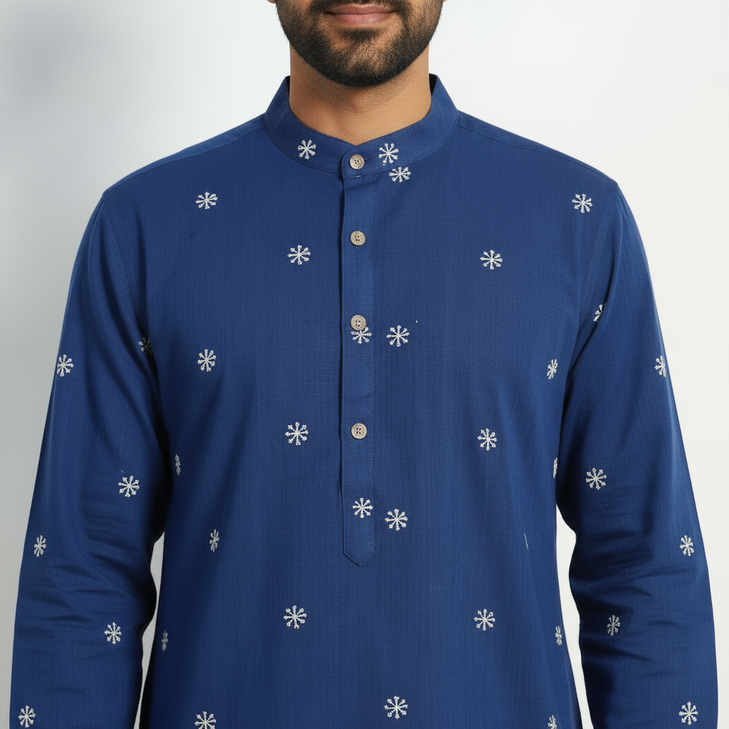 Blue - thread buti cotton long plain kurta for men 05