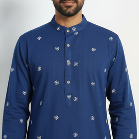 Blue - thread buti cotton long plain kurta for men 05