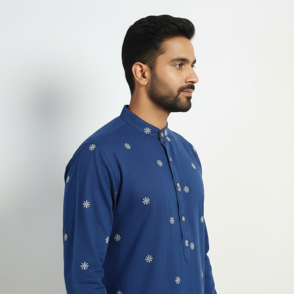 Blue - thread buti cotton long plain kurta for men 05