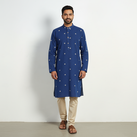 Blue - thread buti cotton long plain kurta for men 05