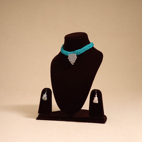 Blue - thread work german silver necklace set 02