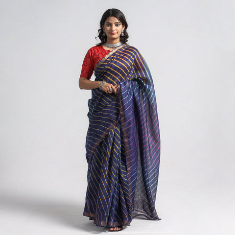 Blue - Leheriya Tie-Dye Chanderi Silk Saree with Zari Border