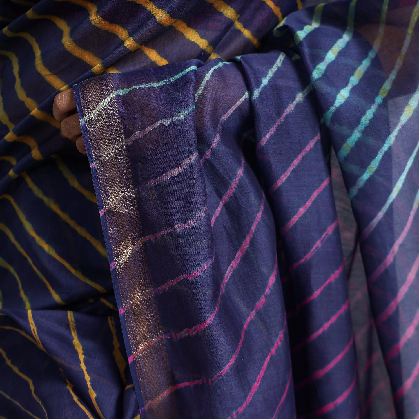 Blue - Leheriya Tie-Dye Chanderi Silk Saree with Zari Border
