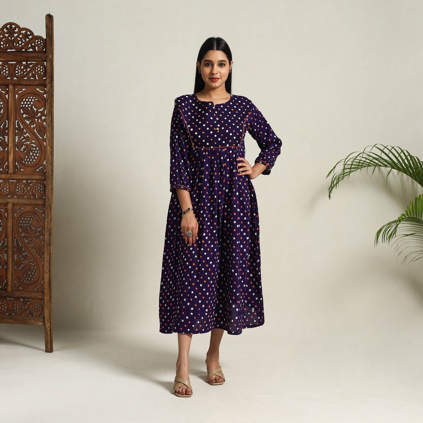  Blue Tie & Dye Cotton Flared Bandhani Dress