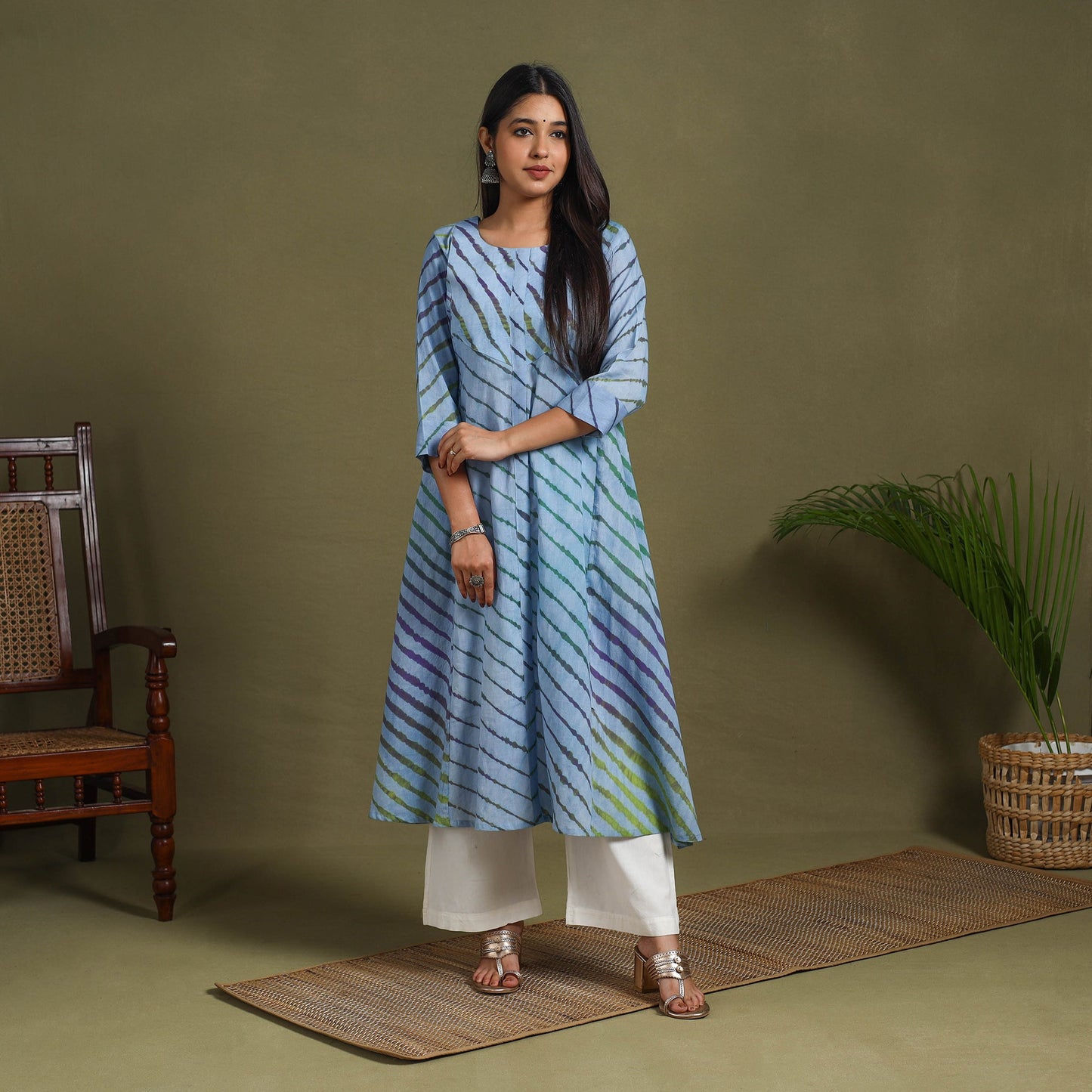 Blue Tie-Dye Cotton A-Line Leheriya Kurta