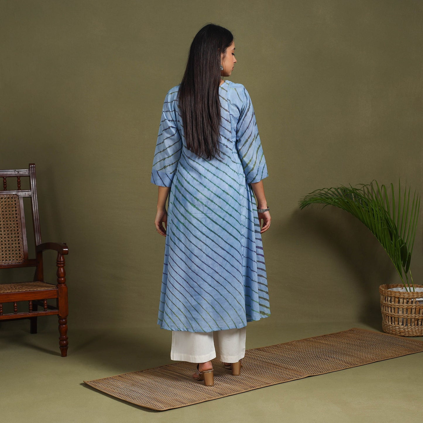 Blue Tie-Dye Cotton A-Line Leheriya Kurta