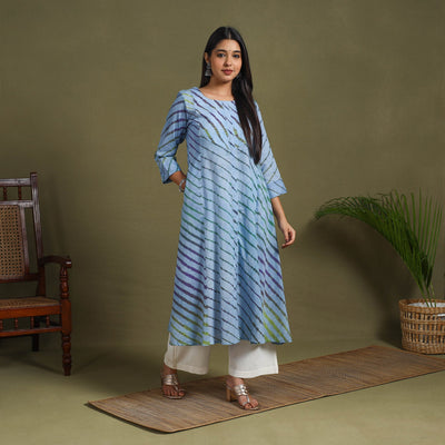Blue Tie-Dye Cotton A-Line Leheriya Kurta