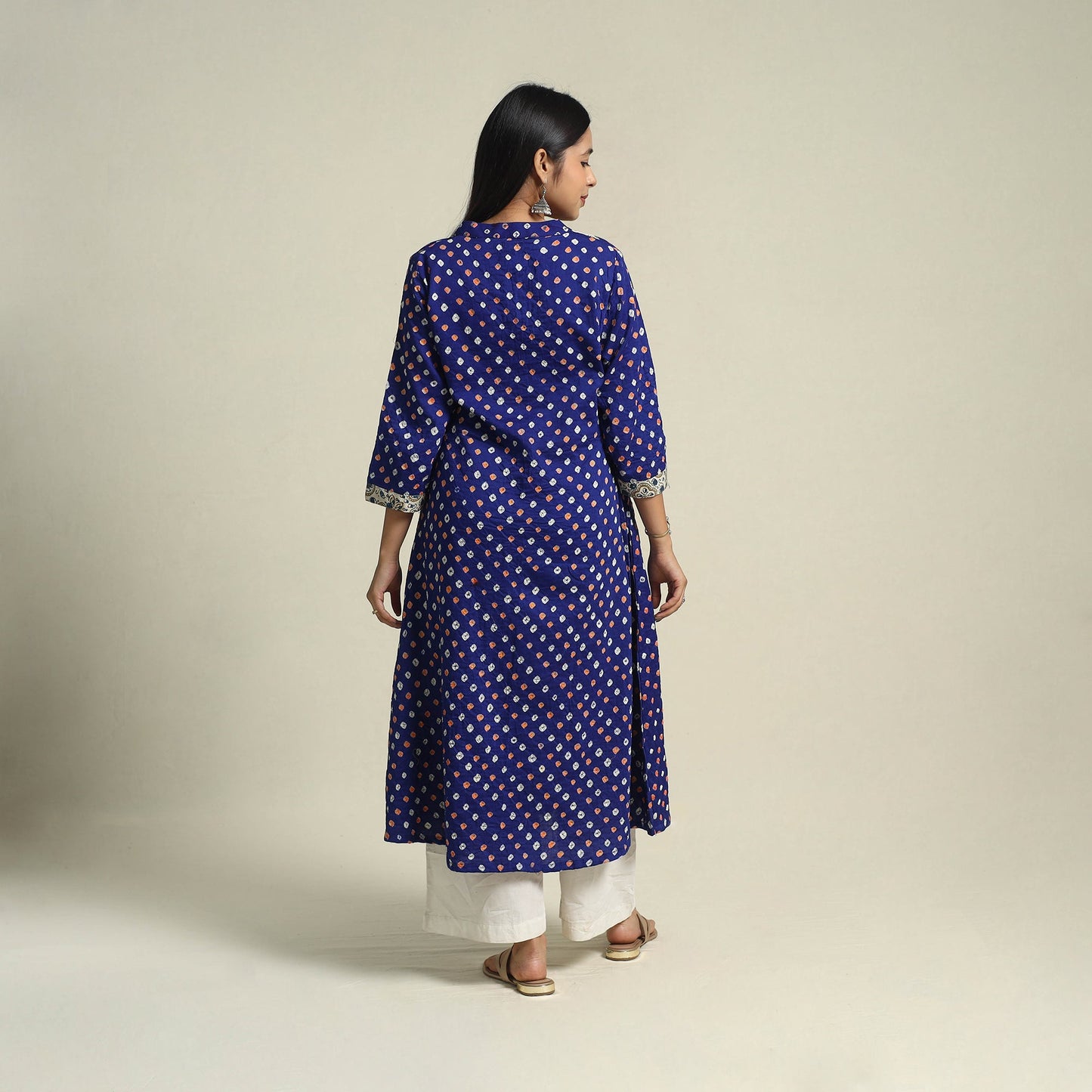  Blue Tie-dye Cotton Patchwork A-Line Bandhani Kurta for Women