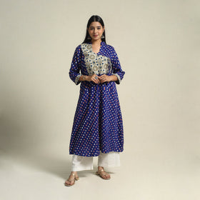  Blue Tie-dye Cotton Patchwork A-Line Bandhani Kurta for Women