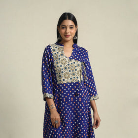  Blue Tie-dye Cotton Patchwork A-Line Bandhani Kurta for Women