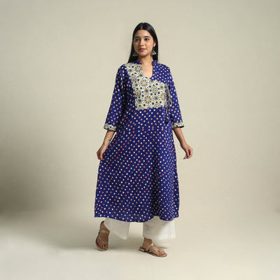  Blue Tie-dye Cotton Patchwork A-Line Bandhani Kurta for Women