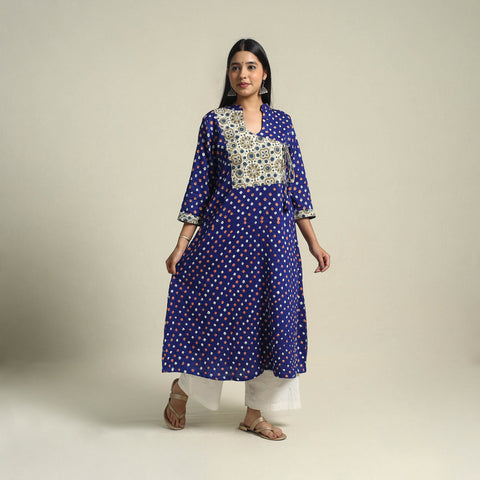  Blue Tie-dye Cotton Patchwork A-Line Bandhani Kurta for Women