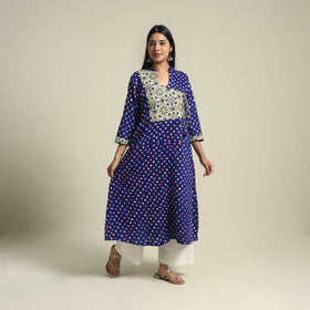  Blue Tie-dye Cotton Patchwork A-Line Bandhani Kurta for Women