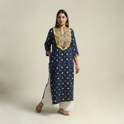 Blue Tie-dye Cotton Patchwork Straight Bandhani Kurta for Women