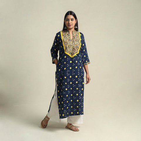 Blue Tie-dye Cotton Patchwork Straight Bandhani Kurta for Women