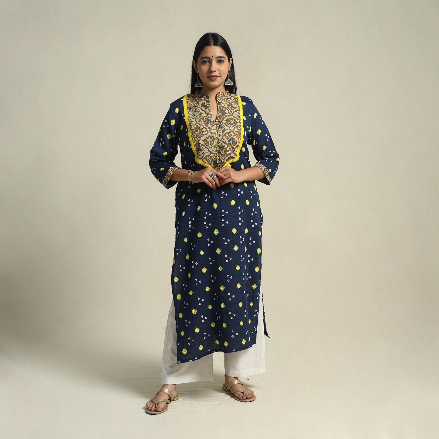 Blue Tie-dye Cotton Patchwork Straight Bandhani Kurta for Women