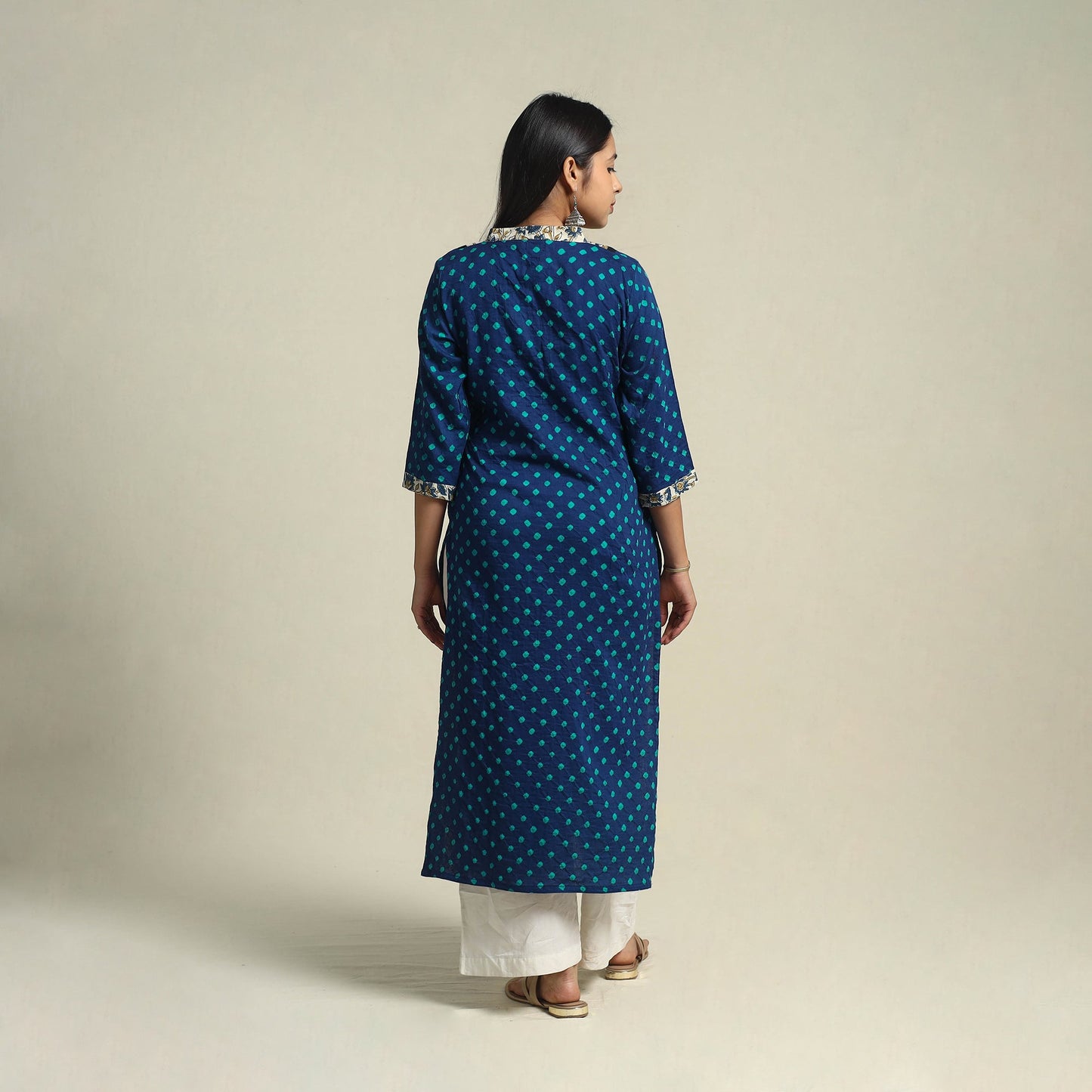 Blue Tie-dye Cotton Patchwork Straight Bandhani Kurta for Women