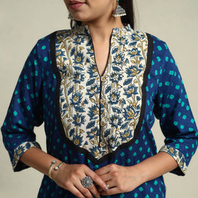 Blue Tie-dye Cotton Patchwork Straight Bandhani Kurta for Women