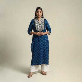 Blue Tie-dye Cotton Patchwork Straight Bandhani Kurta for Women