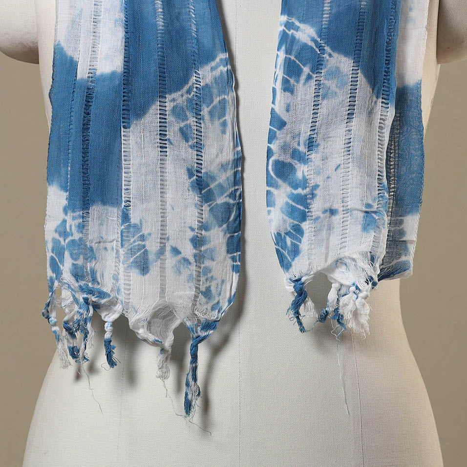 Blue Tie-Dye Cotton Shibori Stole with Tassels