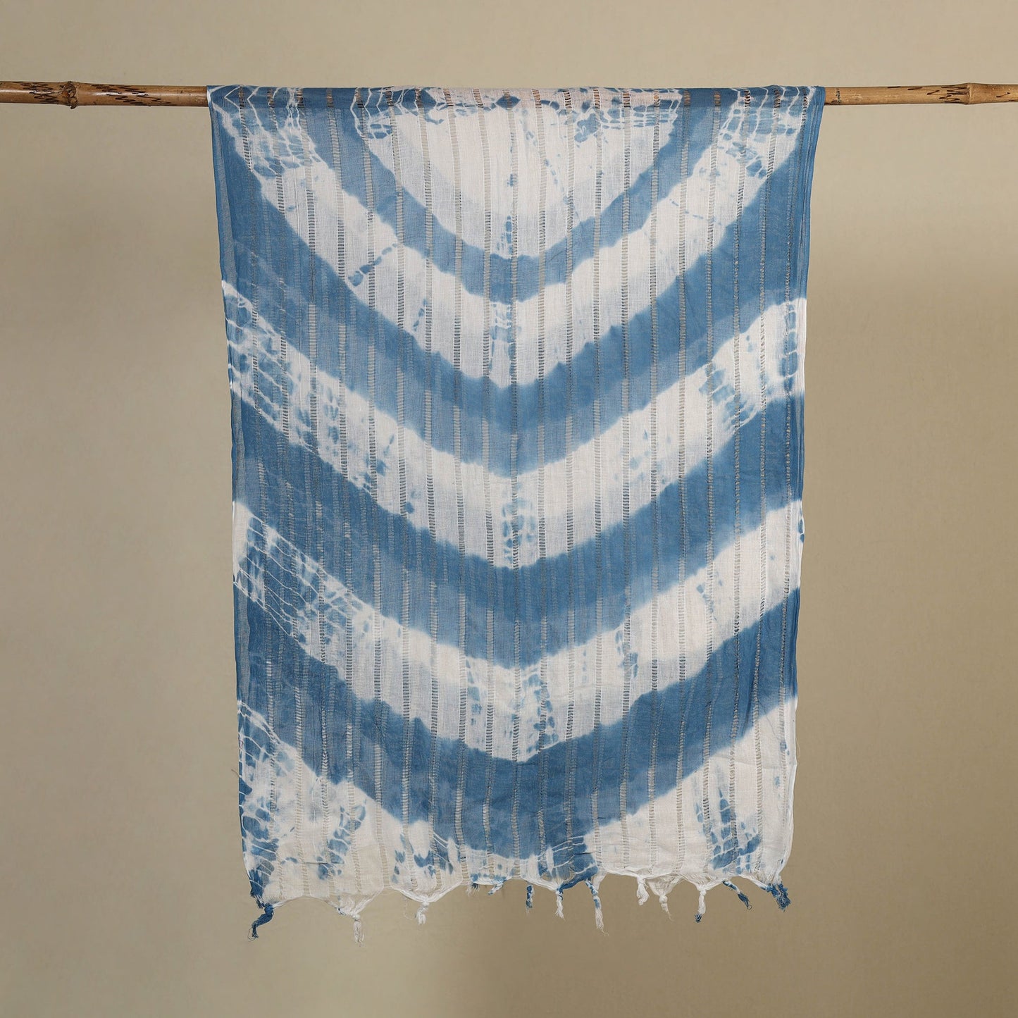 Blue Tie-Dye Cotton Shibori Stole with Tassels