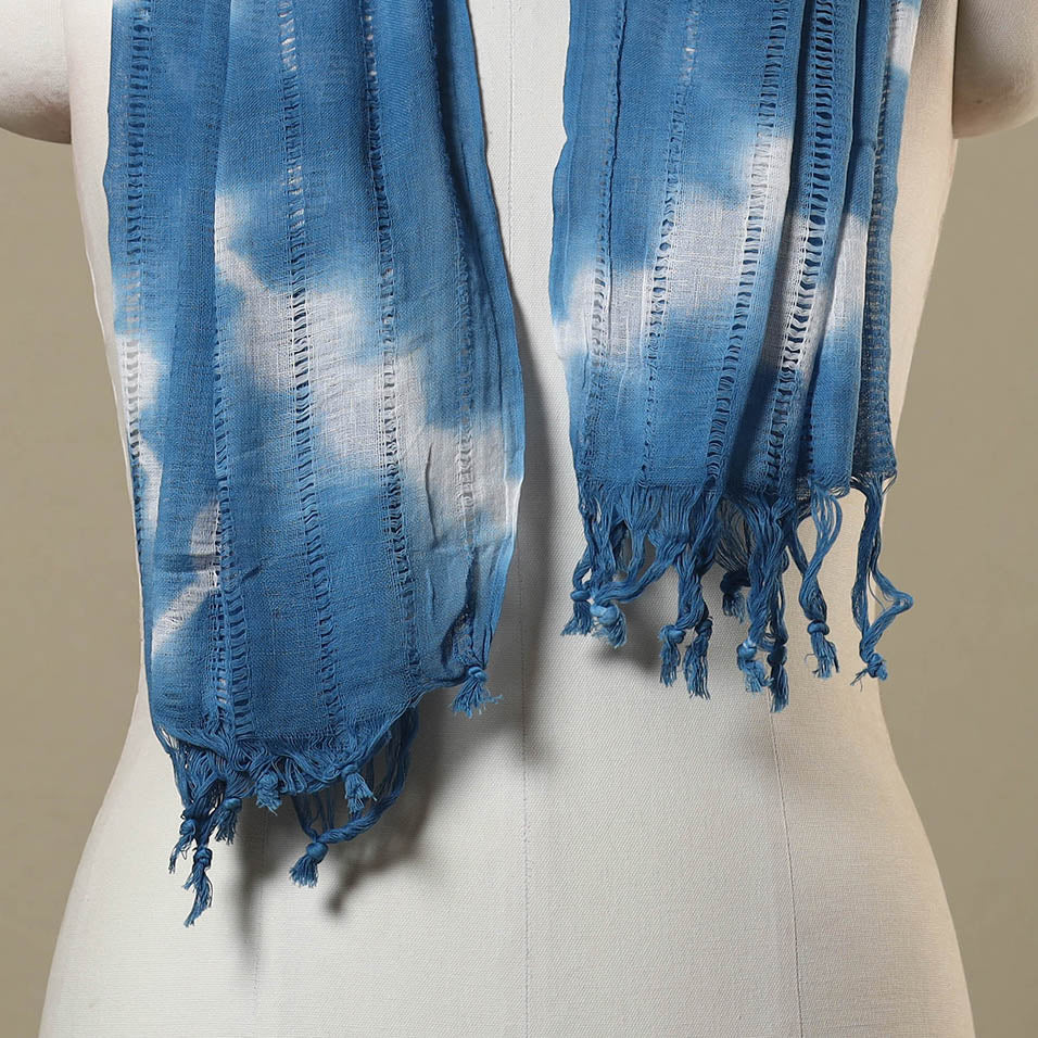 Blue Tie-Dye Cotton Shibori Stole with Tassels