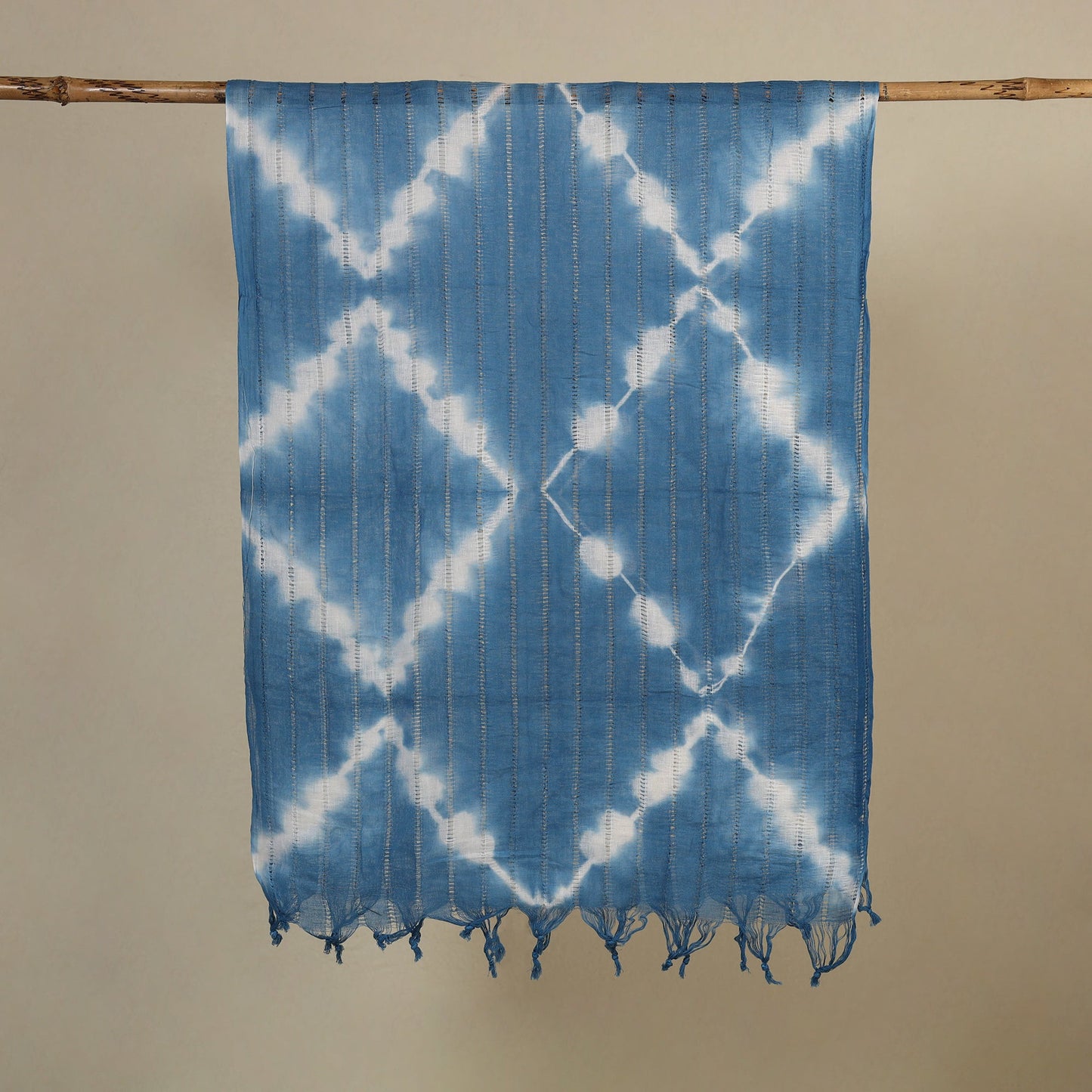 Blue Tie-Dye Cotton Shibori Stole with Tassels