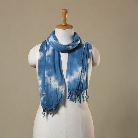 Blue Tie-Dye Cotton Shibori Stole with Tassels