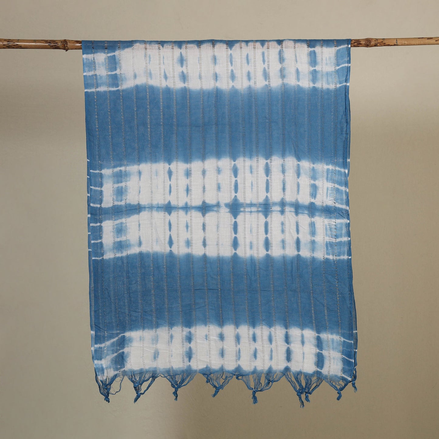 Blue Tie-Dye Cotton Shibori Stole with Tassels
