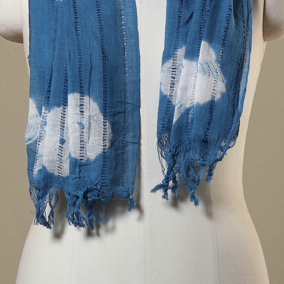 Blue Tie-Dye Cotton Shibori Stole with Tassels
