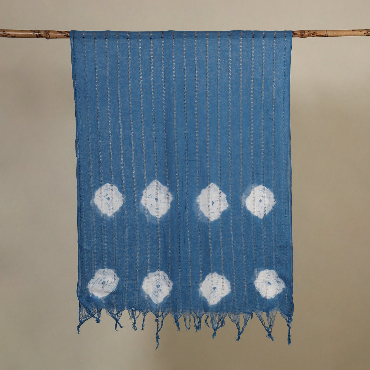 Blue Tie-Dye Cotton Shibori Stole with Tassels