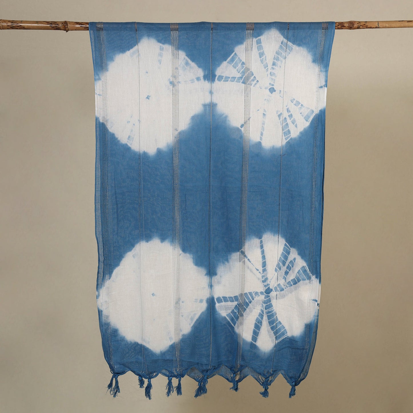 Blue Tie-Dye Cotton Shibori Stole with Tassels