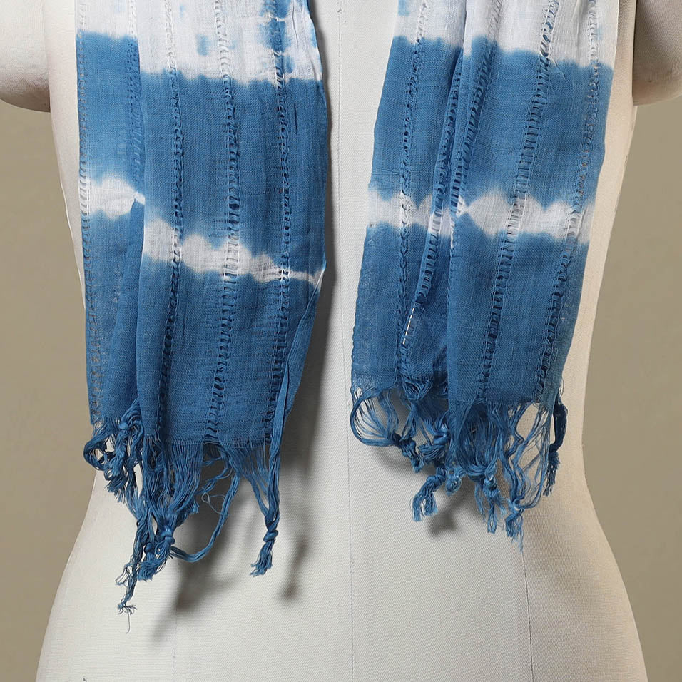 Blue Tie-Dye Cotton Shibori Stole with Tassels