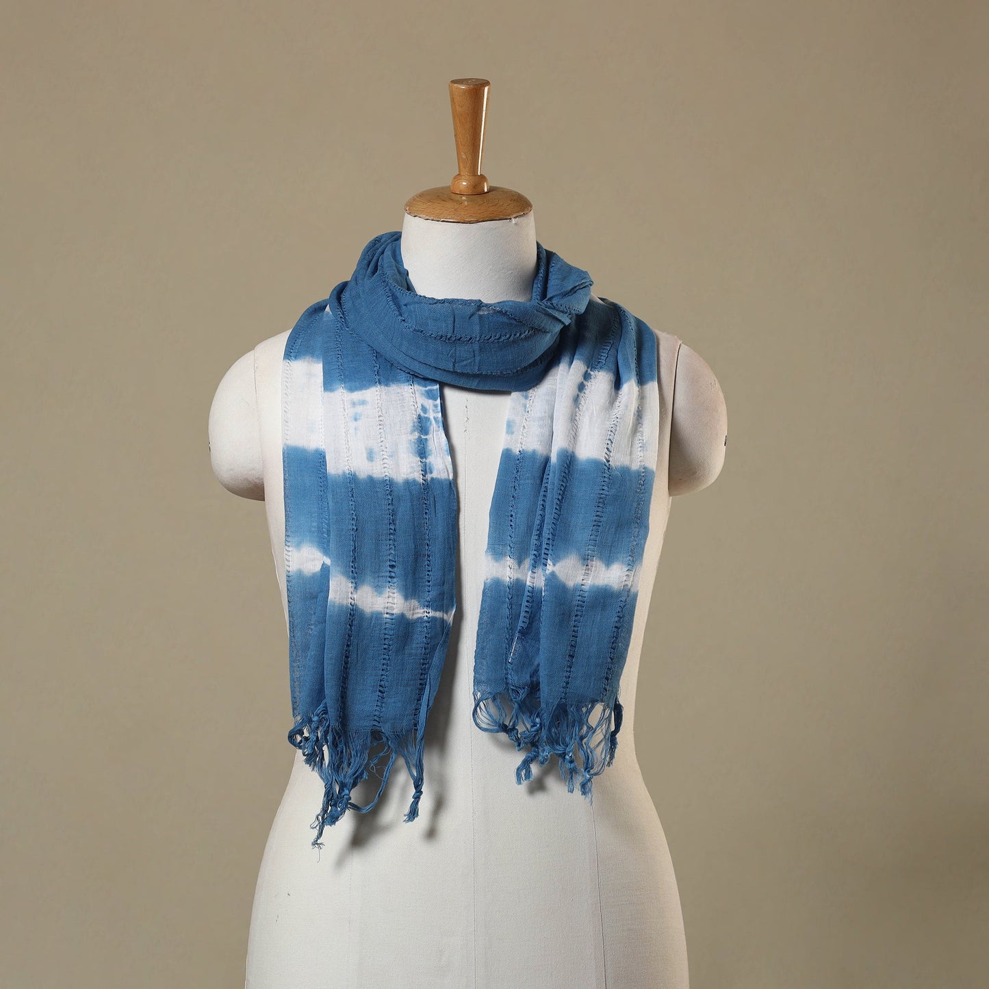 Blue Tie-Dye Cotton Shibori Stole with Tassels