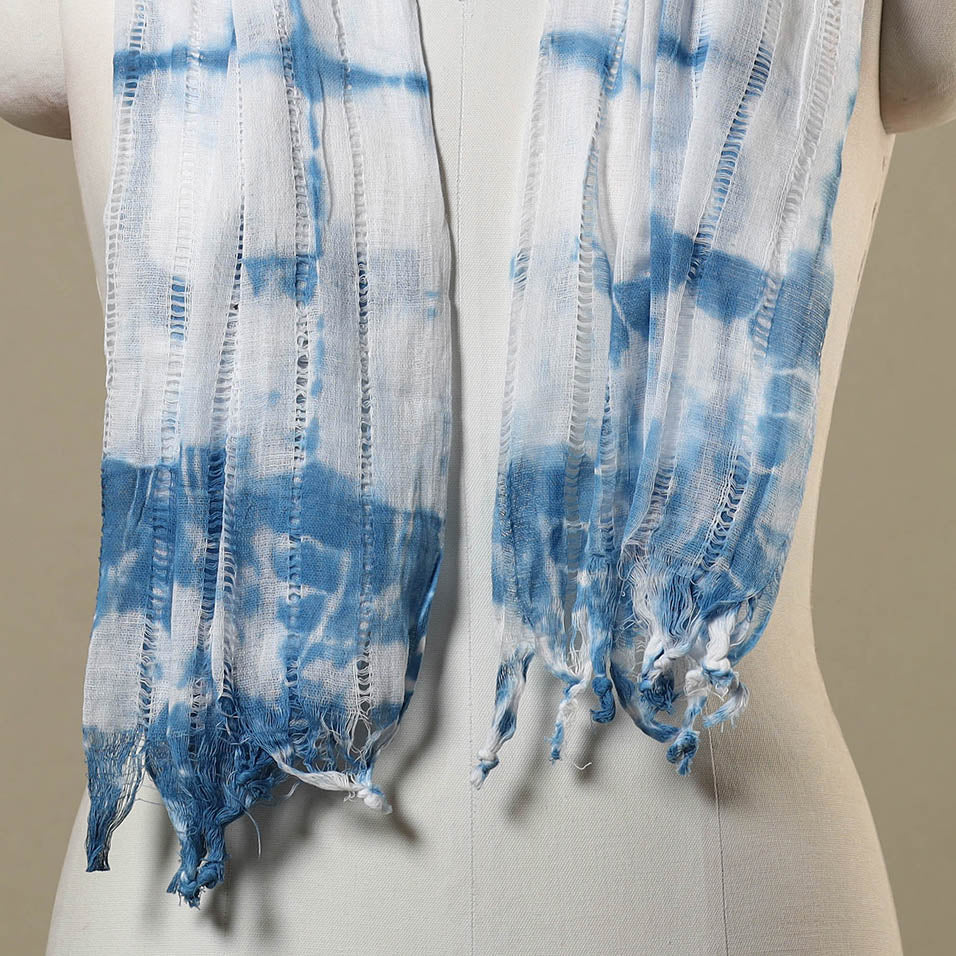 Blue - tie-dye cotton shibori stole with tassels 25