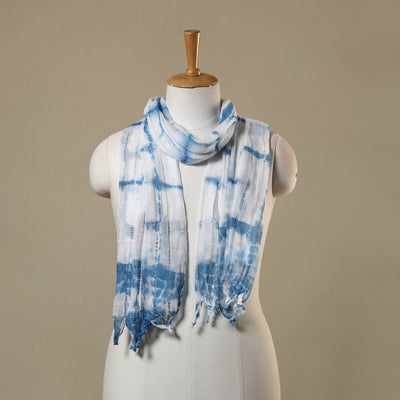 Blue - tie-dye cotton shibori stole with tassels 25