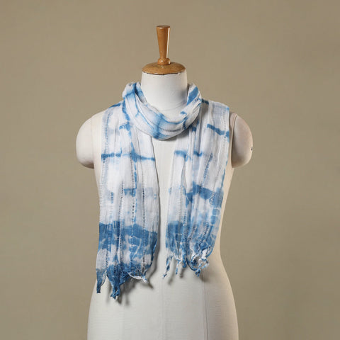 Blue - tie-dye cotton shibori stole with tassels 25