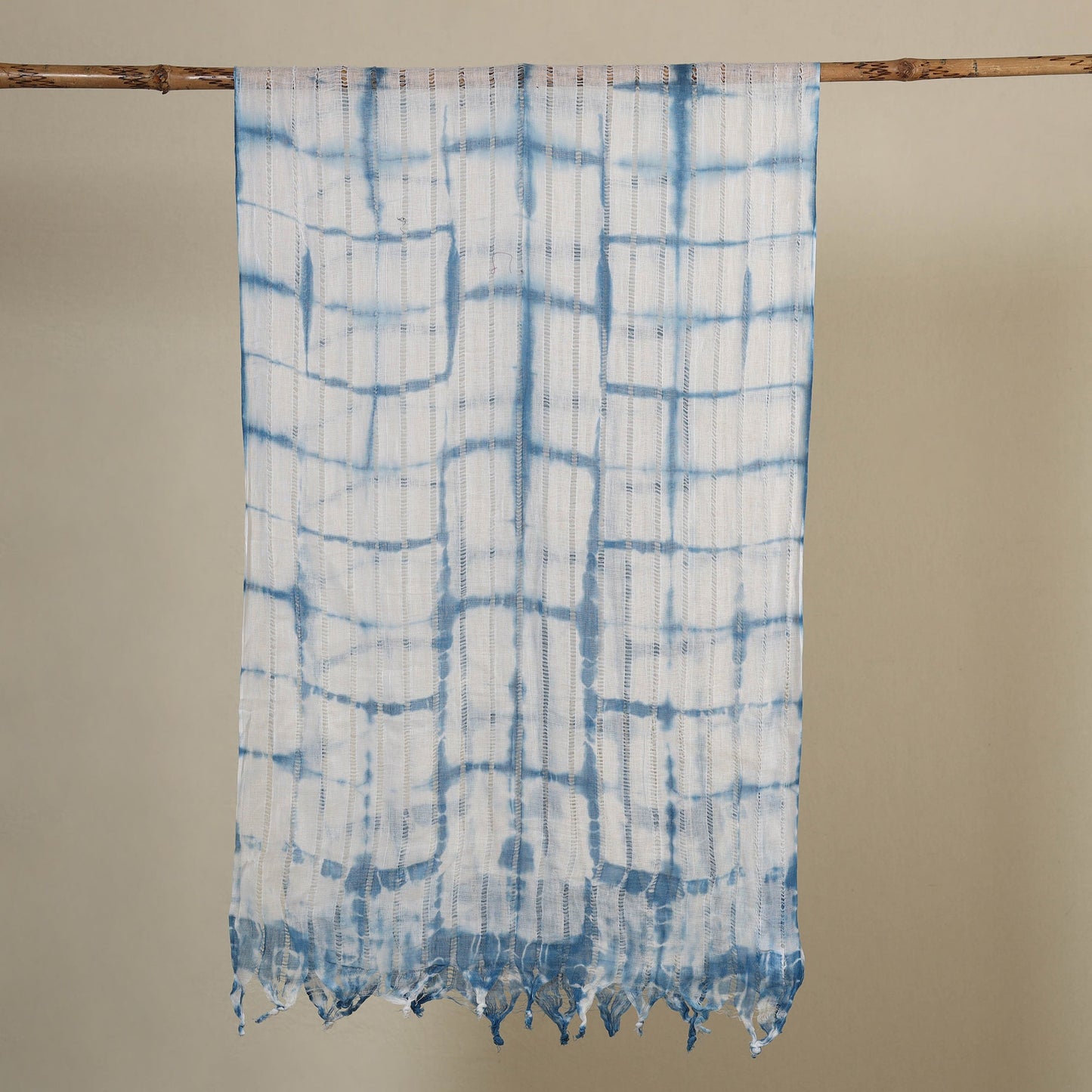 Blue - tie-dye cotton shibori stole with tassels 25